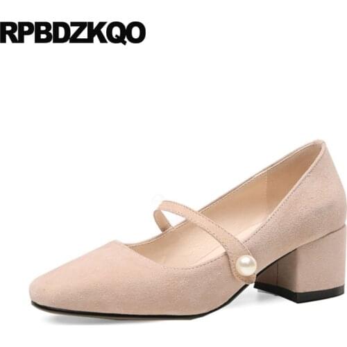 Medium Heels Mary Janes Women Shoes Cute Pearl High Quality Genuine Leather Vintage Suede Chunky Nude Square Toe Strap Retro