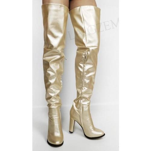 LAIGZEM CHIC Women Thigh High Boots 2020 Side Zip Chunky Block Heels Gold Silver Boots Over Knee Shoes Woman Large Size 45 46 47