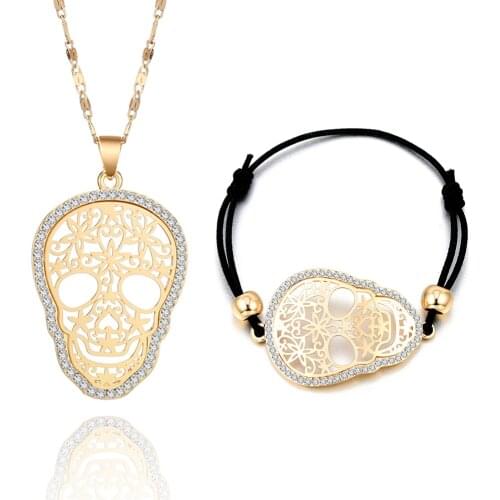 Gold Skull Pendant Jewelry Sets for Women Elastic Adjustable Bracelet Gothic Necklace Christmas Friendship Gifts 2019
