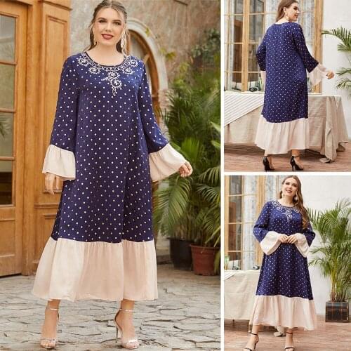 Plus Size Kaftan Muslim Polka Dot Long Dress Arab Abaya Islamic Clothing Middle East Dubai Women O-neck Vintage Loose Casual New
