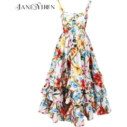 Janeyiren Fashion Designer Runway Dress Women Spaghetti strap Backless Floral Print Ball Gown Cascading Ruffle Beach Dress