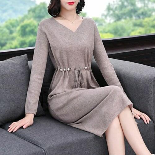 2021 Autumn Winter Belt Women Knitted Dresses French Style Long Sleeve Sweater Vestidos Loose Knit Female Robe Pullovers KE1866
