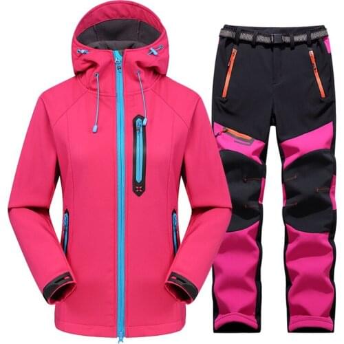 Winter Waterproof Hiking Suit Women Outdoor Thermal Fleece Softshell Jacket And Pants Sets Trekking Camping Coat Ski Trousers