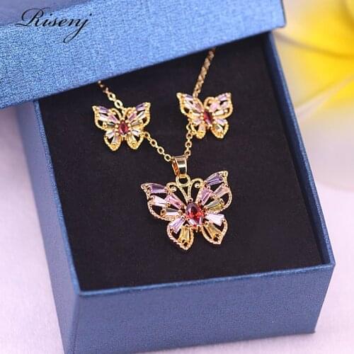18K Gold Jewelry Set Butterfly Square With Mix Color/White AAA Zircon Jewelry Set Stud Earrings Necklace Set