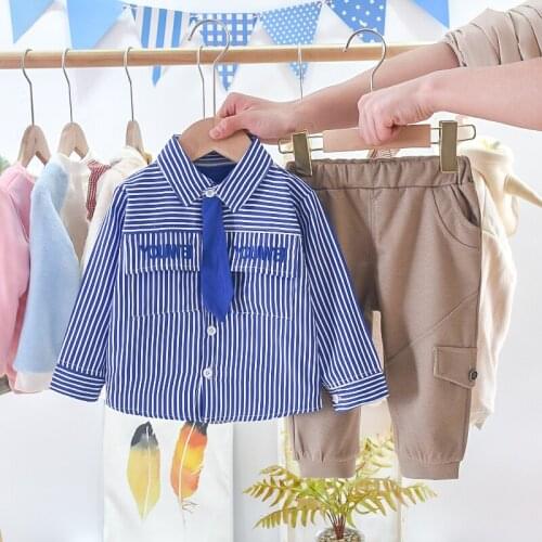 2021 Spring Baby Boys Formal Clothes Suits WITH TIE Clothing Kids Strips Shirt Pants 2Pcs/Set Children Casual Costume 0-5 Years