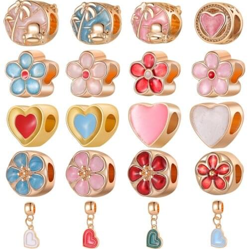 5PCS Gold Color Metal Colorful Enamel Heart Flower Big Hole Beads Fits European Pandora DIY Charms Bracelets Jewelry Accessories