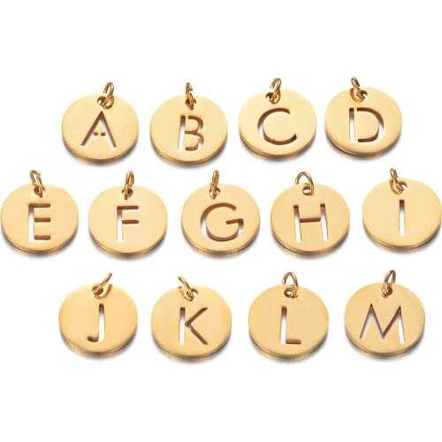 5pcs/lot Stainless Steel 12mm Round Cut Out Alphabet Charms DIY Initials From A-M Alphabets Pendant with Jump Ring Accessories