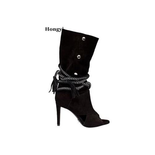 Beige black suede leather chain lace up middle boots cut-outs stuedded high heel dress shoes 2017 summer new arrival