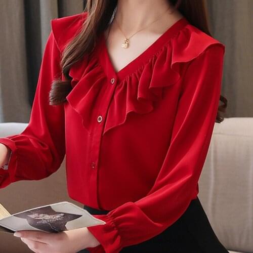 Blouse Women Blusas Mujer De Moda 2021 Long Sleeve White Blouse Ruffles V-neck Chiffon Blouse Shirt Tops Women Blouses C491
