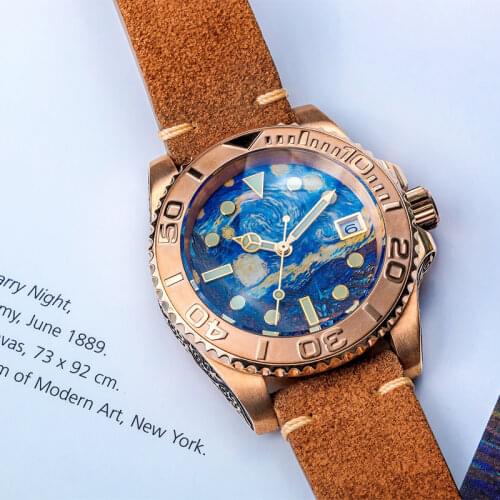 Shirryu Watch Diving Watch Mens CuSn8 Solid Bronze Case Automatic Watch Hand-Made Pattern NH35A Automatic Mechanical Watches