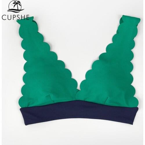 CUPSHE Green and Navy Scalloped Bikini Top Women Sexy Single Padded Bra 2021 Swimwear Bathing Bra Top