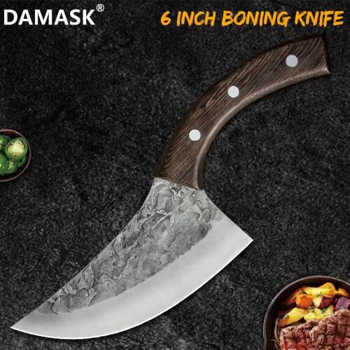 Damask Hand Forged Kitchen Knife 6 inch Boning Knife 5cr15 Stainless Steel Kitchen Chef Cleaver Curved Wood Handle Cooking Knife
