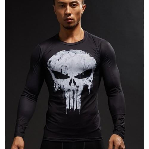 Superhero Punisher Long Sleeve Sport T Shirt Workout 3D Compression Quick Dry Training Mens Running Gym Fitness Top Rashgard