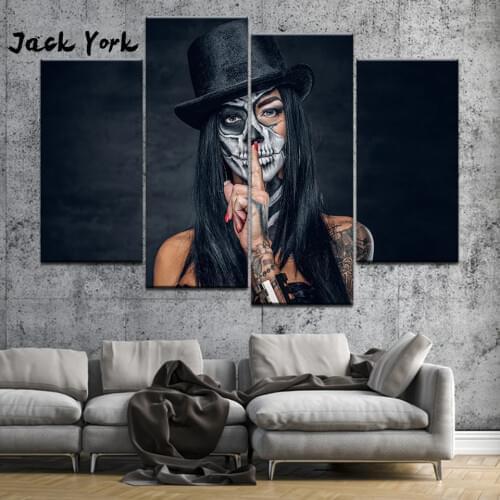 Canvas Painting girl skull tattoos 4 Pieces Wall Art Painting Modular Wallpapers Poster Print Home Decor free shipping