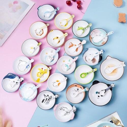 Ceramic Cartoon Animal Ramen Bowl Spoon Personality Cat Ceramic Bowl Lovely Small Animal 5-inch Ceramic Bowl Set