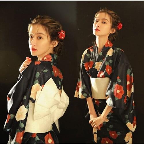 New Vintage Robe Japanese Traditional Kimono for Women Yukata Fashion Floral Print Sasanqua Obi Harajuku Bow Geisha Costumes