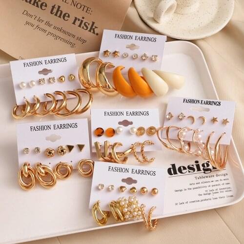 FNIO 2021 Hot Sale Fashion Bohemian Earrings Set For Women New Trendy Flower Round Geometric Metal Stud Earring Trend Jewelry