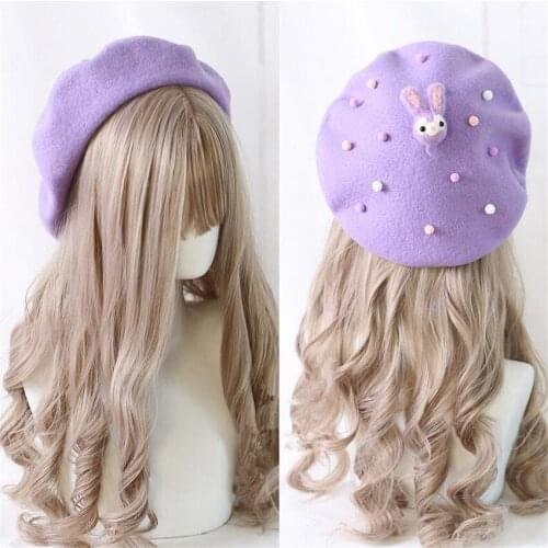 Sweet Daily Lolita Rabbit Beret Warm Autumn Winter Purple Hat JK Tassel Cap B1692
