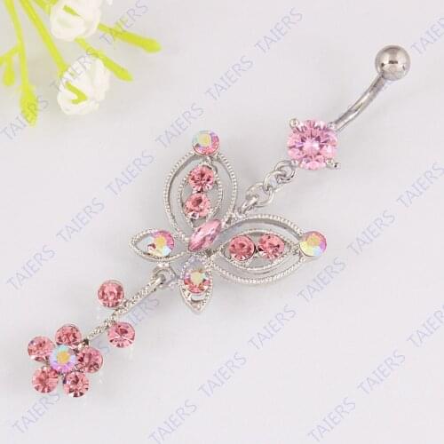 Butterfly flower crystal navel ring fashion body piercing belly bar Retail 14G 316L surgical steel bar Nickel-free free shipping