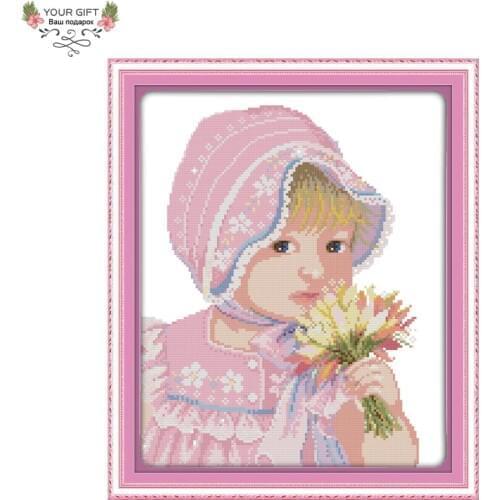 Joy Sunday RA051 14CT 11CT Counted and Stamped Home Decoration The Girl and Flowers Cross Stitch Kits