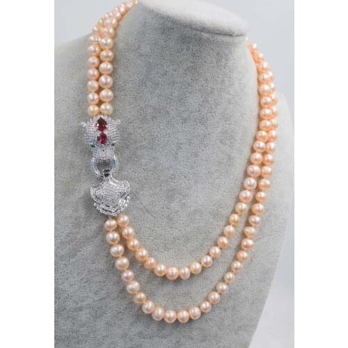 2rows freshwater pearl pink near round 8-9mm +red leopard clasp 17-19inch necklace wholesale