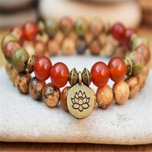 8mm Red Agate Epidote Gemstone Mala Bracelets pendant Unisex classical Healing Pray Handmade Energy Cuff Spirituality Yoga