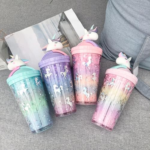 Portable Stylish Double Straw Unicorn Ice Cup Summer Cold Drink Juice Coffee Water Cup Boys Girls Plastic Cups Novelty Gift
