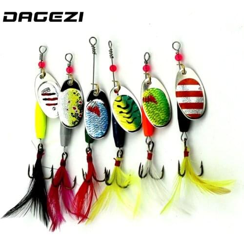 DAGEZI 6pcs Spinner Bait Spoon Metal Lure with feather Carp Fishing Lure Spinner Hard Lure Copper Isca Artificial Pesca