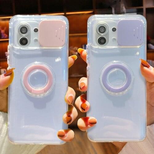 Slide Lens Camera Protection Ring Holder Transparent Phone Case For Xiaomi Redmi Note 10 9 Pro Mi 11 Redmi 9 9C Soft Back Cover
