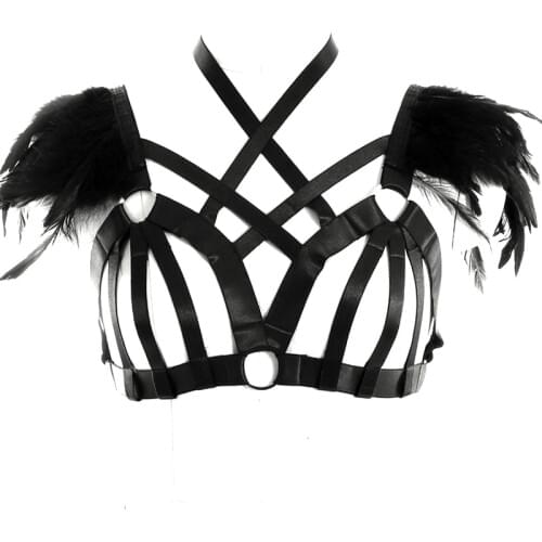 Black Feathers Sexy Women Crop Tops Epaulettes Harness Bra Strap Harness Garter Fetish Bdsm Lingerie Festival Dance Rave Clothes