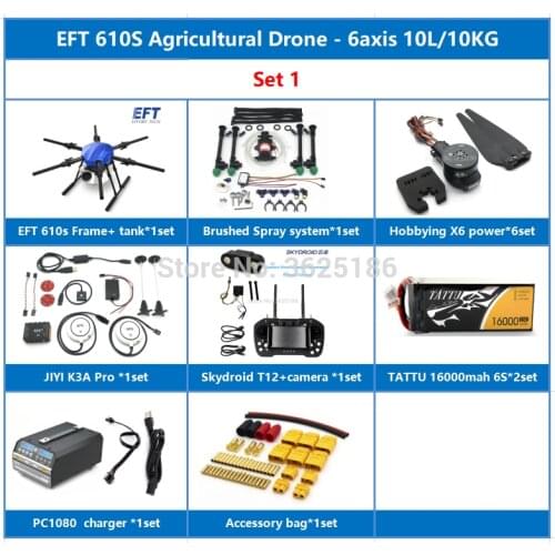 EFT E610S 6-axis 10KG Pesticide spraying system Agricultural drone+JIYI K3A Pro+Skydroid T12+TATTU 16000mah 6S +X6 power+PC1080