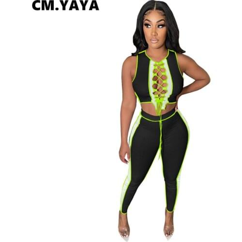CM.YAYA Women Set Patchwork Sleeveless Bandage Crop Tops Pencil Pants Two 2 Piece Sets Active Tracksuit Sporty Outfit Summer
