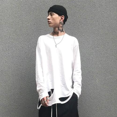 OVERSIZE loose high street tide brand hole solid color inner base shirt long-sleeved T-shirt BF wind men and women net red ins