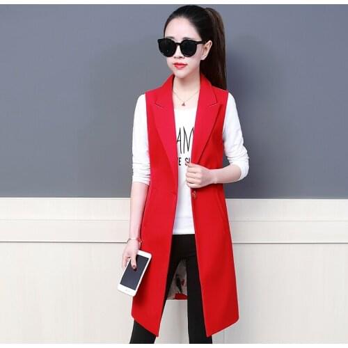 Spring Autum New Fashion Long Pockets Turn-down Collar Single Button Sleeveless Blazer West Jackets Office Lady WaistCoat