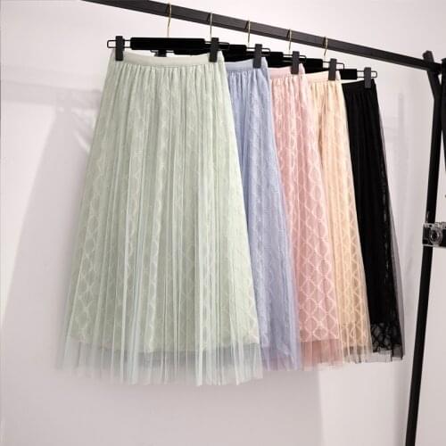 GIGOGOU Geomatric Spring Summer 3 Layers Midi Mesh Skirt Women Elastic Empire Pleated Skirt Chic Long Tulle Ins Tutu Skirt Femme