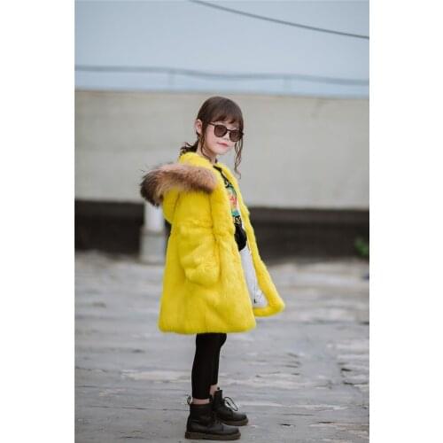 Girls real genuine natural rabbit fur coat with raccoon fur hood child fashion fur jacket kid warm winter outwear