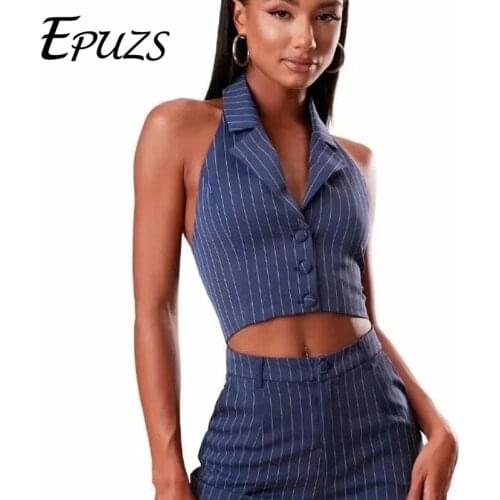 2021 Womans Tops Notched Collar Stripped Office Lady Crop Tops with Bottons Stretchy Summer Halter Tops Black Navy Cute Tops