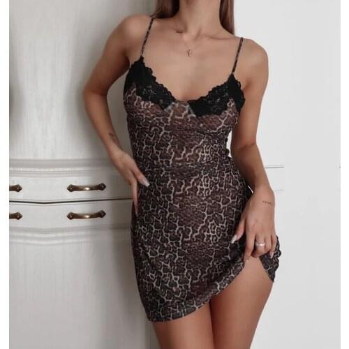 Womens Underwear Sexy Lingerie Mini Dress Sling Nightwear V-Neck See-through Mesh Leopard Heart Printed Sleeveless Nightgown