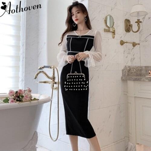 2019 Autumn Mesh Patchwork Dress V Neck Long Flare Sleeve Women Dresses Elegant Ladies Vintage Sexy Party Pencil Dress Vestidos