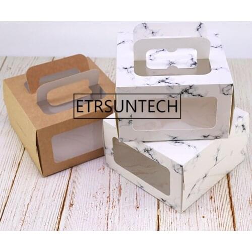 100pcs/lot 4 inch cake box with window handle Kraft paper cheese cake box kids Birthday wedding home Party supply
