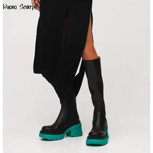 Designer Leather Platform Chelsea Boots Chunky Heels Knee Boots Round Toe Women Tall Botas Candy Color Rubber Sole Street Shoes