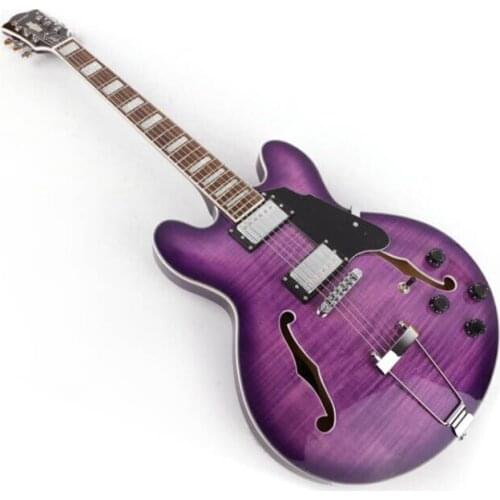 Good quality jazz hollow body f hole purple double cutaway electric guitar free shipping