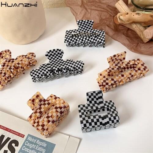 HUANZHI 2021 New Checkerboard Shark Hair Claws Bath Clip Headwear Hairpins for Women Hair Accessories Headdress Hair Style Make