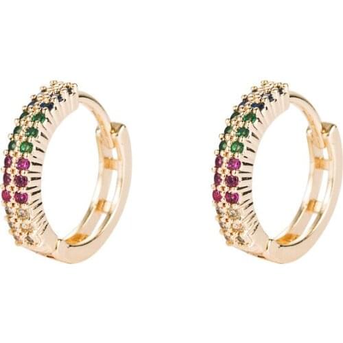 Classic Multicolor Rainbow Hoop Earrings For Women Two Row Crystal Zirconia Stone Copper Golden Huggies Female Earring Accessory