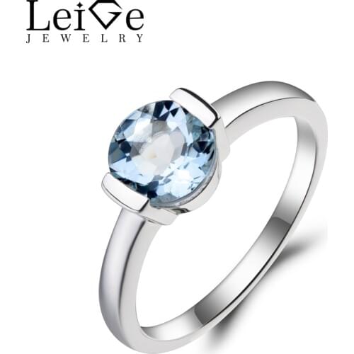 Leige Jewelry Natural Aquamarine Ring Promise Ring March Birthstone Round Cut Blue Gemstone 925 Sterling Silver Solitaire Ring