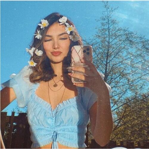 Summer T Shirts Women Girls Short Puff Sleeve Off Shoulder Drawstring Slim Fit Ruffle Lace Up Club Holiday Casual Sexy Crop Tops