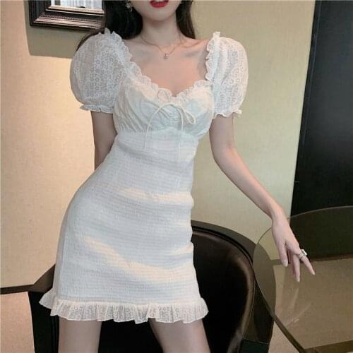 French Square Collar Little White Mini Dress Summer Women Romantic Ruffled Puff Sleeve Mini Dress Retro Slim A Line Party Dress