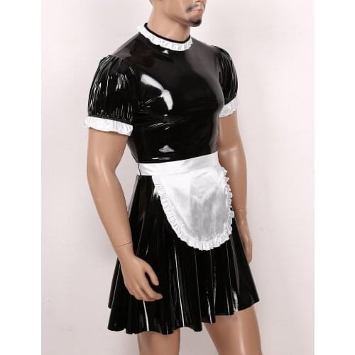 Male Mens Sissy Maid Cosplay Costume Set Short Puff Sleeve Wet Look Patent Leather Maid Servant Uniform Flared Dress with Apron