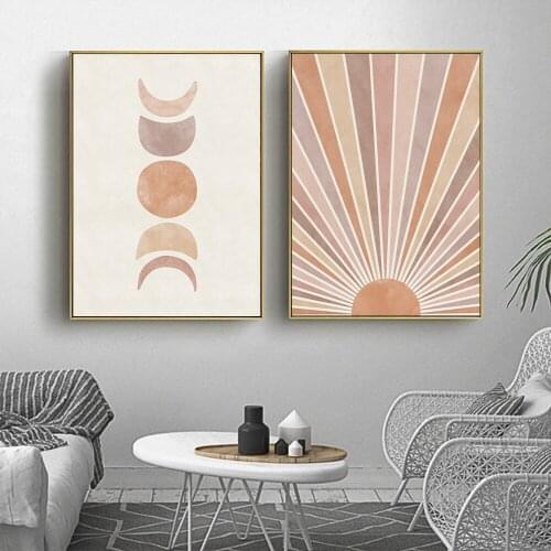 Abstract Sun And Moon Landscape Wall Art Poster Scene Boho Art Print Skyline Canvas Painting Pictures Nordic Living Room Decor