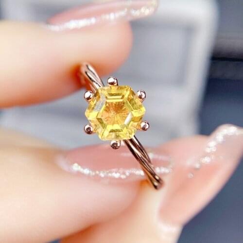 Natural real yellow citrine hexagon ring Free shipping 6*6mm 1ct gemstone 925 sterling silver Fine jewelry J215279